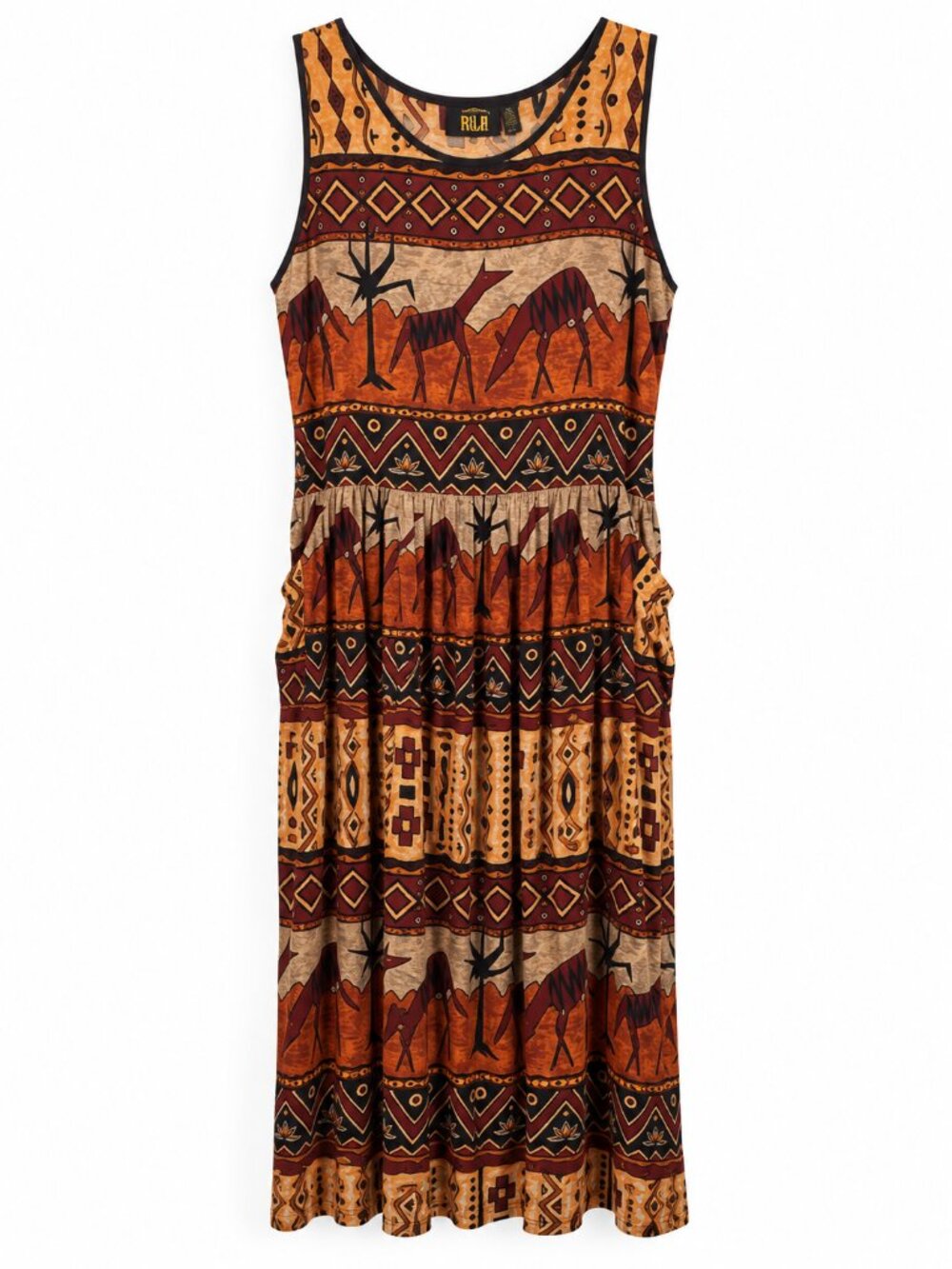 Vintage Bila Southwestern Boho Desert Print Horse Tiered Midi Sleeveless Dress